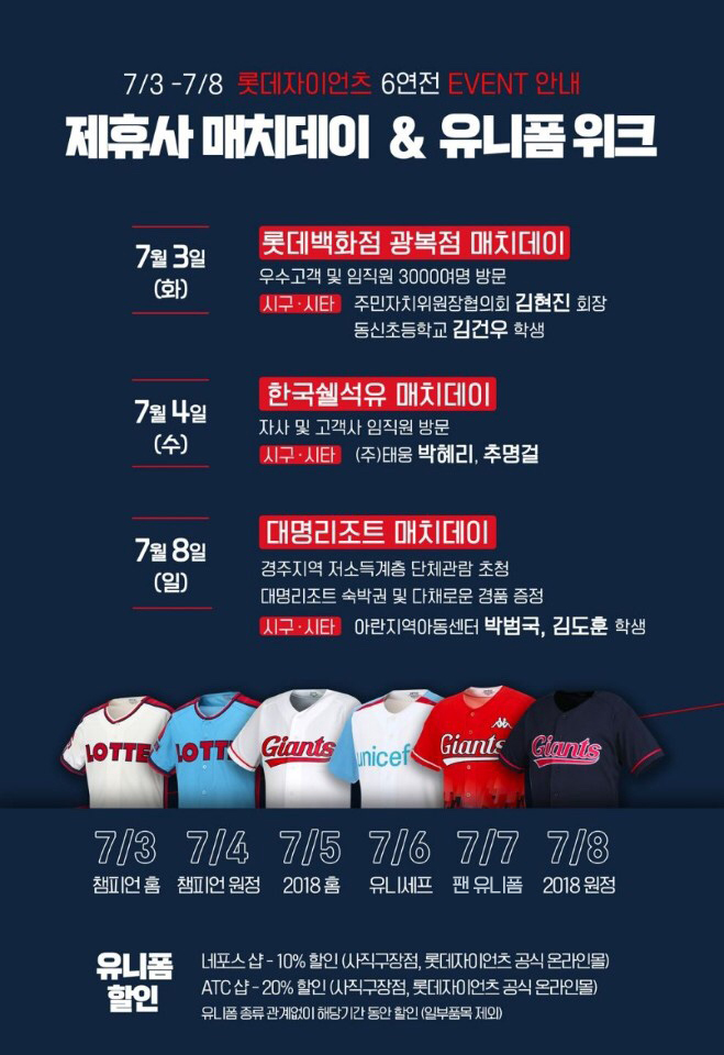 롯데, 홈 6연전 제휴사 매치데이 및 유니폼위크