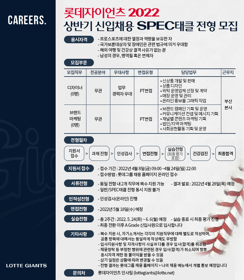 롯데자이언츠 2022 상반기 신입채용 SPEC태클 전형 모집