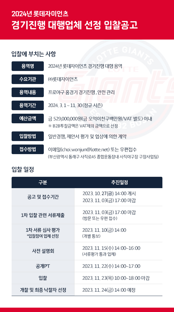 2023년 롯데자이언츠 경기진행용역 대행업체 선정 입찰 공고
